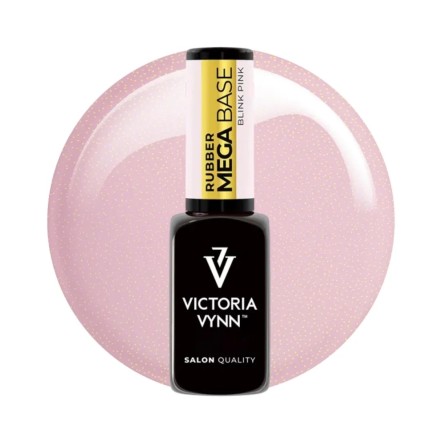 Bote negro de la marca victoria vynn con el tapon en rosa y dorado, en el fondo un circulo rosa con purpurina 2