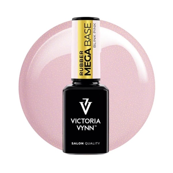 Bote negro de la marca victoria vynn con el tapon en rosa y dorado, en el fondo un circulo rosa con purpurina
