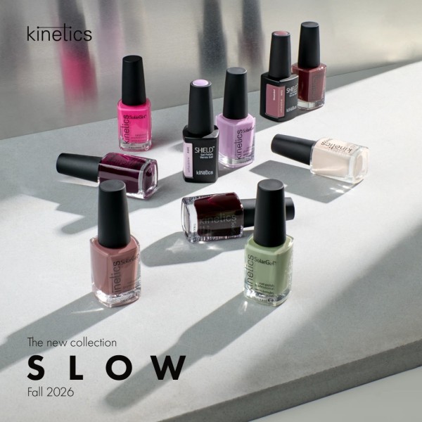  Colección SLOW Fall 2026 de Kinetics con esmaltes SolarGel y Shield Gel Polish en tonos inspirados en el otoño.