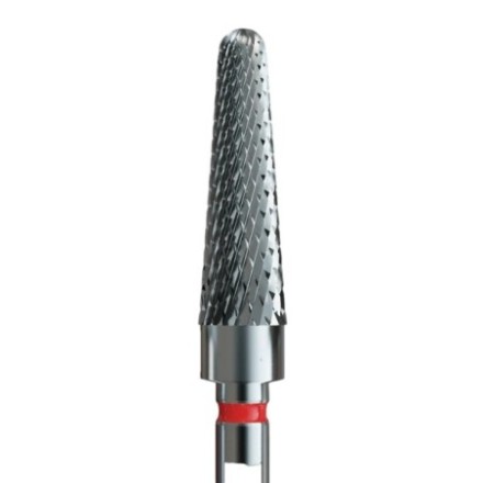 Fresa de carburo IQ Nails con forma cilíndrica cónica y banda roja para retirada de producto en manicura profesional