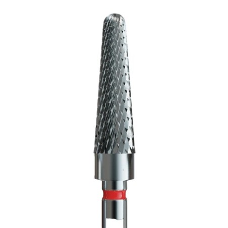 Fresa de carburo IQ Nails con forma cilíndrica cónica y banda roja para retirada de producto en manicura profesional