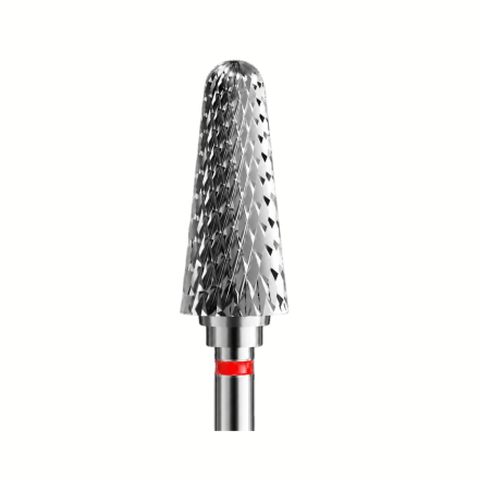 Fresa de carburo IQ Nails con forma de cono redondeado y banda roja para retirada de producto y manicura profesional