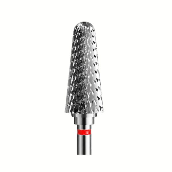 Fresa de carburo IQ Nails con forma de cono redondeado y banda roja para retirada de producto y manicura profesional
