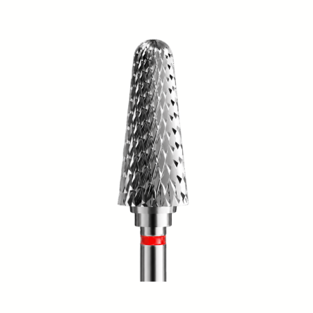 Fresa de carburo IQ Nails con forma de cono redondeado y banda roja para retirada de producto y manicura profesional
