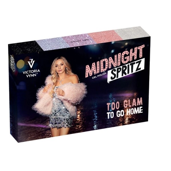 Pack Gel Polish Midnight Spritz Victoria Vynn con cuatro colores y Top Starlit Silver No Wipe