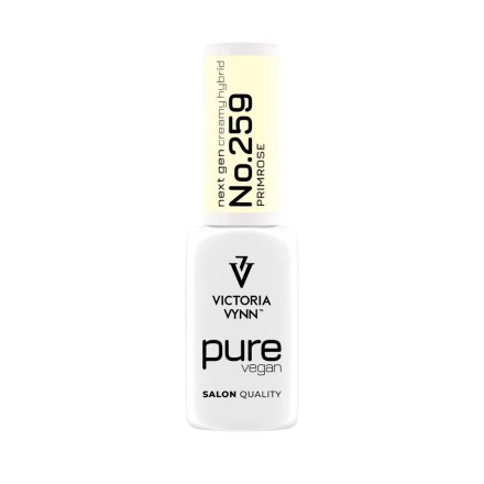 Esmalte semipermanente Pure Vegan Creamy Hybrid 259 Primrose de Victoria Vynn en tono amarillo pastel