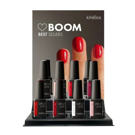 pack de san valentin de kinetics con 10 productos de manicura y una imagen con uñas rojas