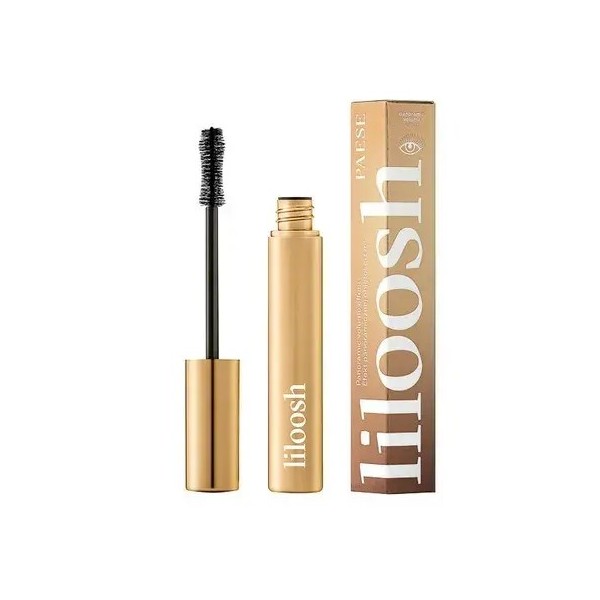 Bote de mascara de pestañas junto a su envase, ambos de color dorado de la marca Paese