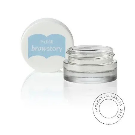 Tarro redondo transparente con tapón blanco y letras azules de la marca Paese