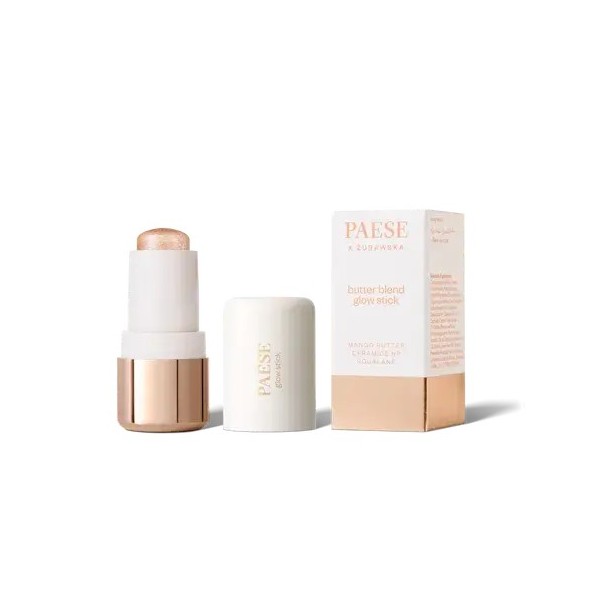 Stick highlighter de color dorado junto a su caja de la marca Paese