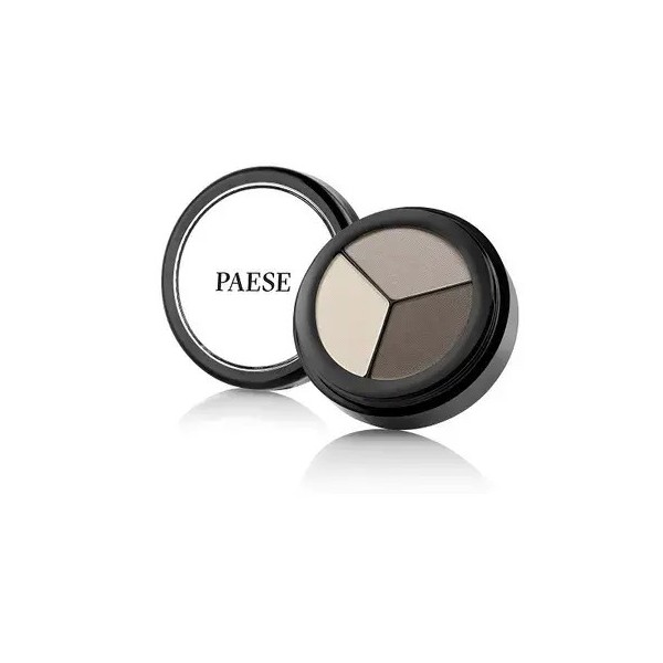 Envase redondo negro dividido en 3 sombras de ojos de diferentes tonalidades de la marca Paese junto a su tapadera transparente