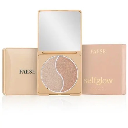 Cajita con el polvo iluminador de dos colores junto a su caja de color rosita palo de la marca Paese