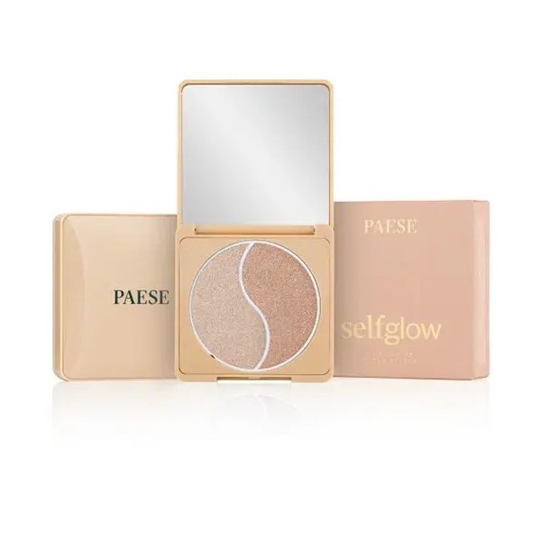 Cajita con el polvo iluminador de dos colores junto a su caja de color rosita palo de la marca Paese