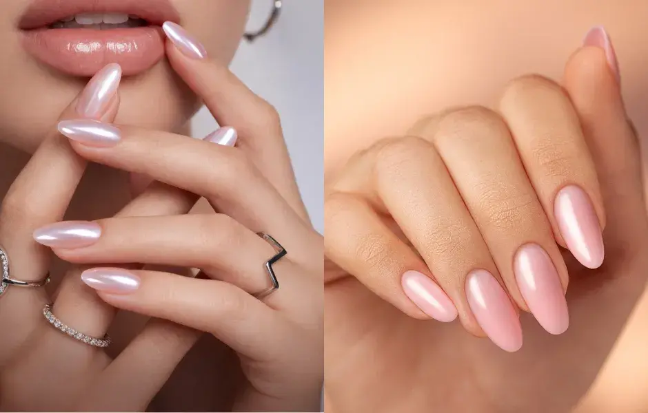 manicura rosa con polvo cromado